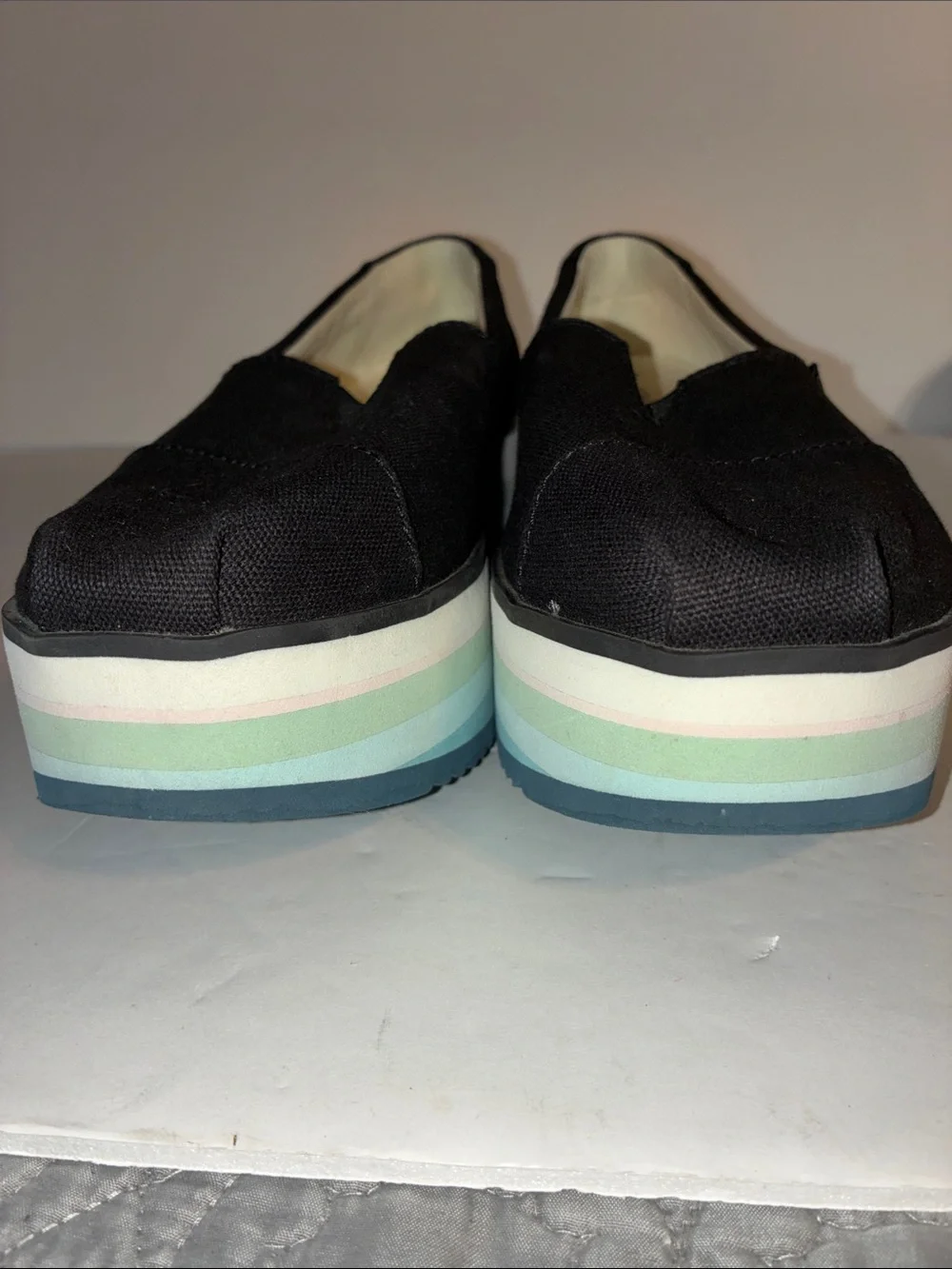TOMS, Women’s 8.5, Black Canvas Platform Slip-Ons with Pastel Striped Sole